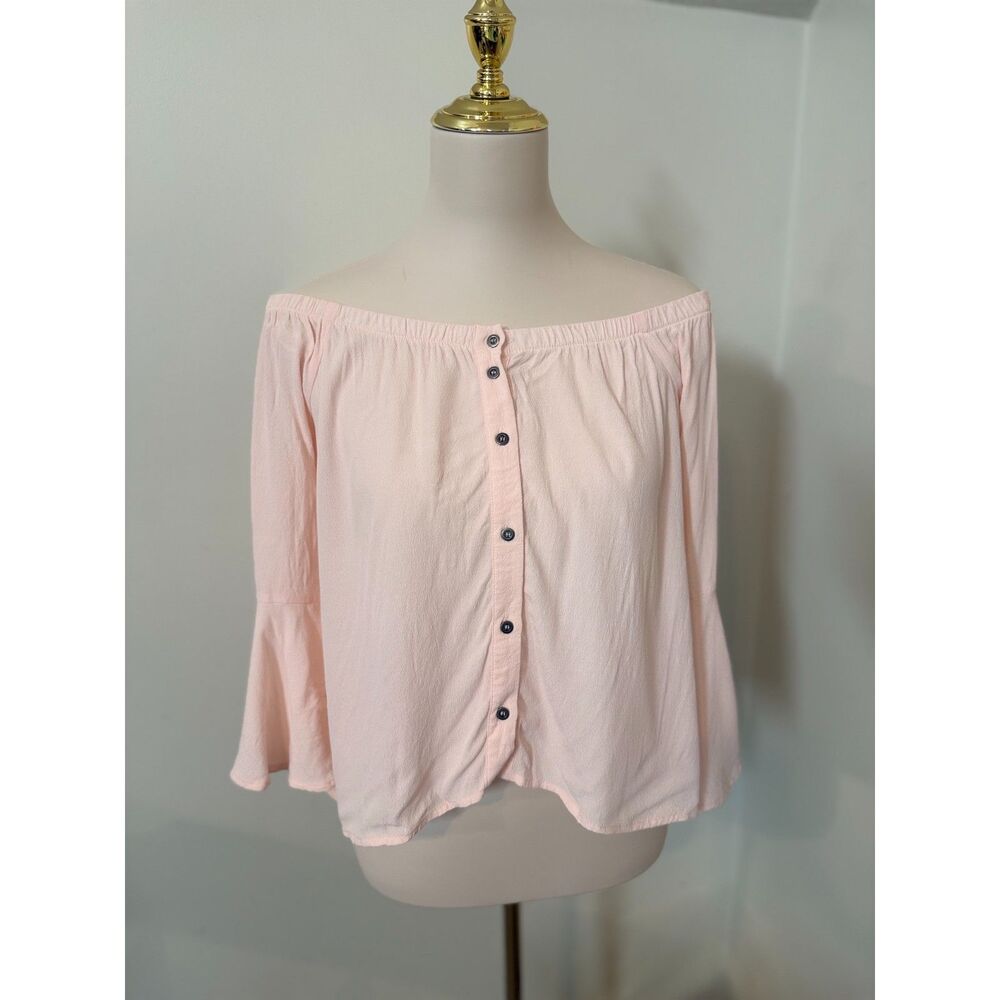 ASTR The Label XS Blush Pink Off Shoulder Bell Sleeve Button Blouse
